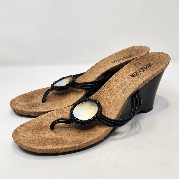 Kenneth Cole Reaction Black Leather Wedge Thong Sandals 9M Shell Beaded Cork Bed - Picture 5 of 9